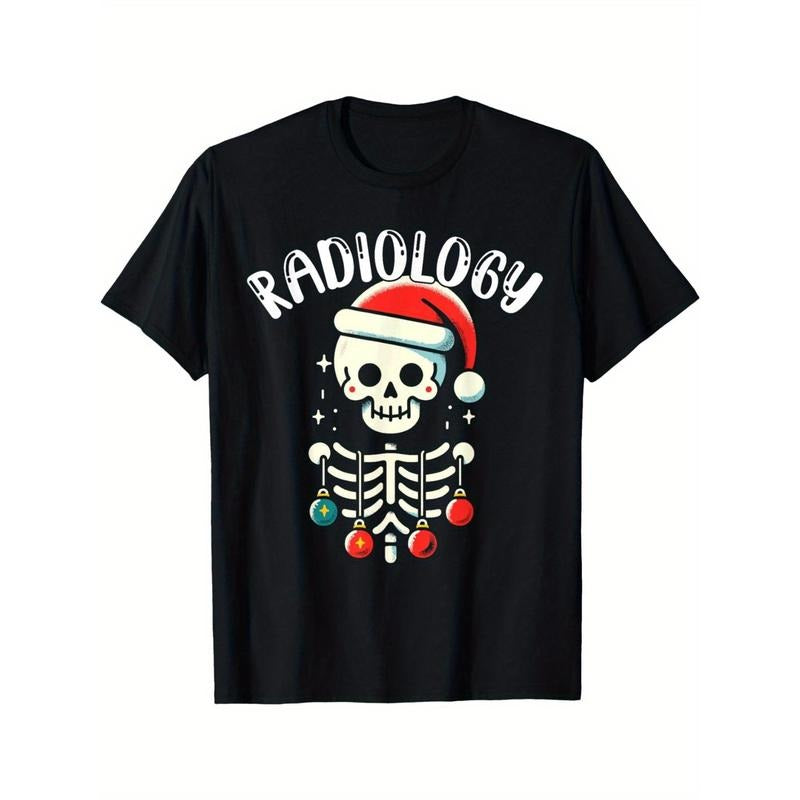 Men's Black Cotton T-Shirt - Radiology Christmas Skeleton with Santa Hat X-Ray Tech Tee made in usa Hoodie, Sweatshirt