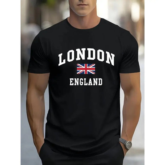 Men's Casual & Sporty Shirt with London Print - Breathable Polyester Blend, Short Sleeve, Round Neck, Machine Washable - Perfect for Summer Outdoor Activities Made in USA