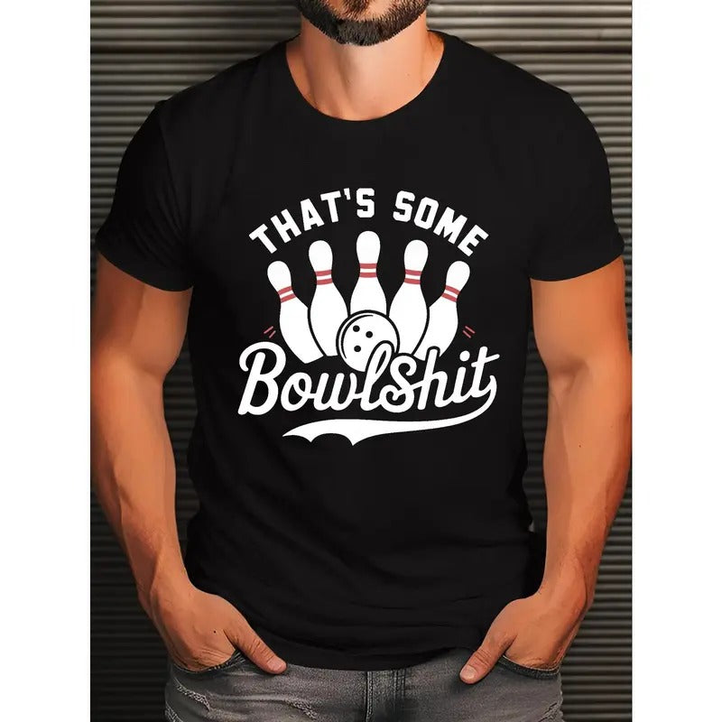 Men's Casual Crew Neck T-Shirt with Bowling Graphic Print, 100% Polyester Knit Fabric, Geometric-Pattern, Short Sleeve Regular Fit Tee for Adults, Summer Slight Stretch Top with No Details Made in USA