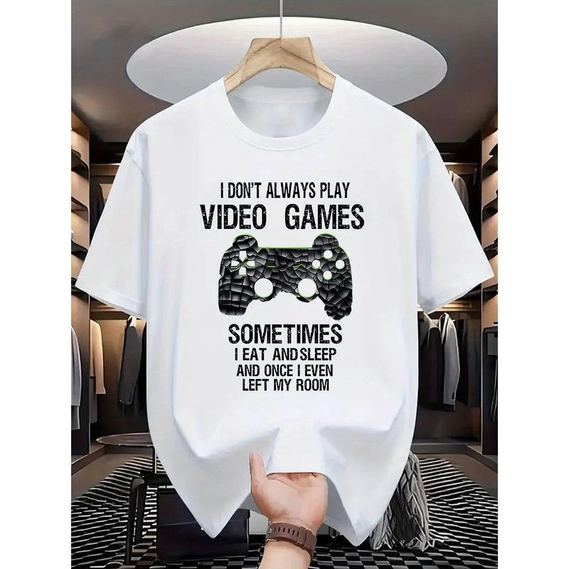 Men's Casual Crew Neck T-Shirt with Video Game Print - Comfortable & Stretchy, Perfect for Summer Outdoor Activities - Available in Black, Wine Red, Dark Green, Blue, Grey - Great Gift Idea Made in USA