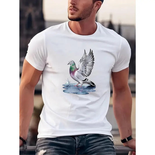 Men's Casual Crew Neck T-shirt With Stylish Pigeon In Puddle Print, Trendy Short Sleeve Top For Summer Daily Wear Made in USA