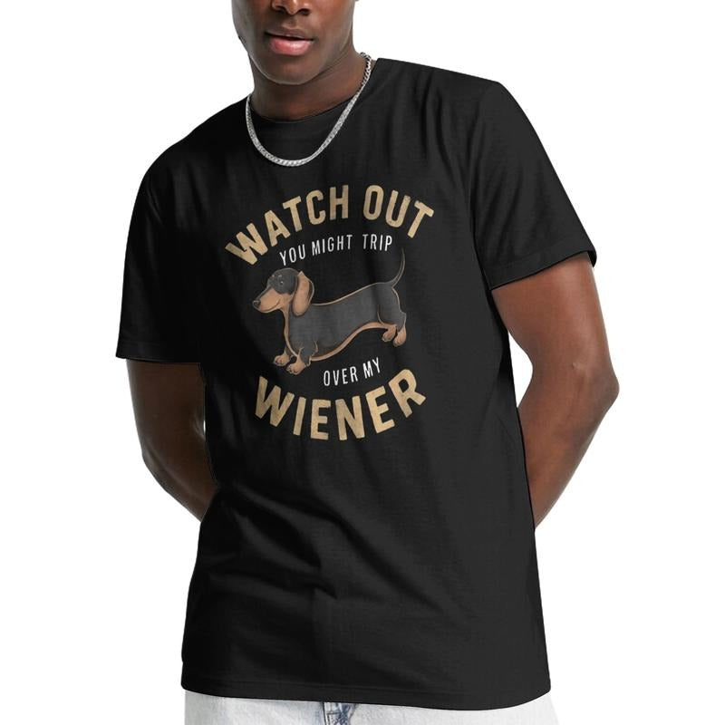 Men's Casual Dachshund Print T-Shirt - "Watch Out, You Might Trip Over My Wiener" Design, Soft Polyester, Crew Neck, Short Sleeve, Summer Tee, Machine Washable Made in USA