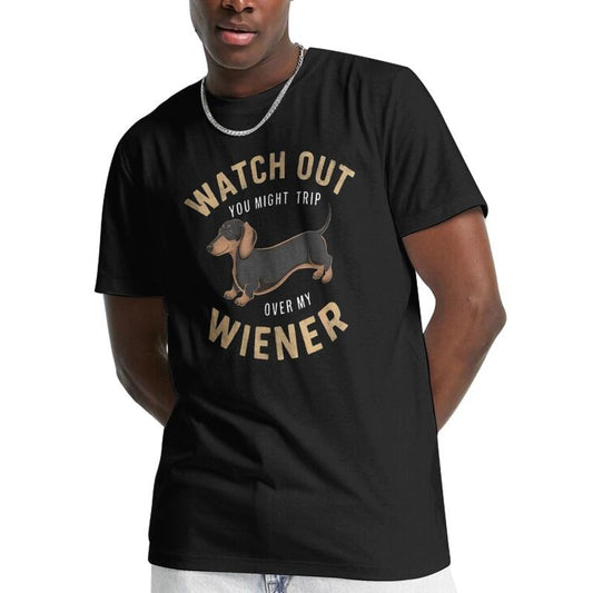 Men's Casual Dachshund Print T-Shirt - "Watch Out, You Might Trip Over My Wiener" Design, Soft Polyester, Crew Neck, Short Sleeve, Summer Tee, Machine Washable Made in USA