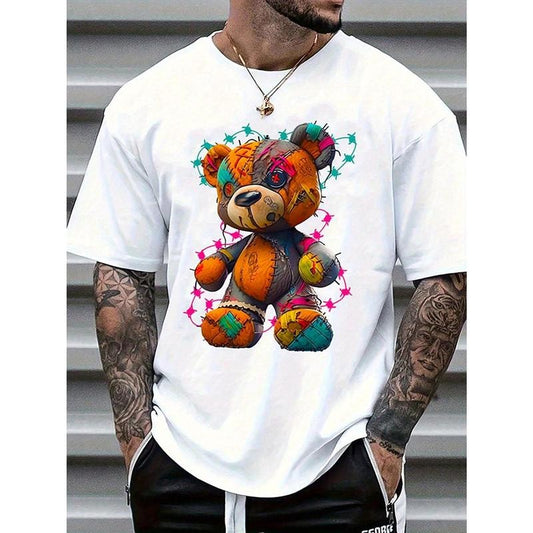Men's Casual Fashion T-Shirt, Cartoon Teddy Bear Print, Knitted Cotton, Regular Fit, Round Neck, Stretch Fabric, All-Season, Adult Unisex Top Made in USA