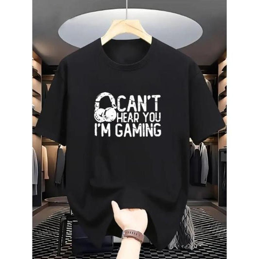 Men's Casual Gaming Graphic Tee "Can't Hear You I'm Gaming" - 100% Polyester Knit Fabric T-Shirt with Crew Neck, Regular Fit, Breathable Comfort for Summer & Outdoor Activities - Slight Stretch Alphabet Patterned Short-Sleeve Top Made in USA