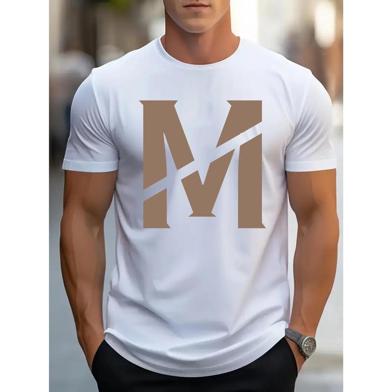 Men's Casual Geometric Letter M Pattern T-Shirt - Summer Cotton Knit Fabric, Round Neck, Regular Fit, Elastic, Street Style Short Sleeve Tee Made in USA