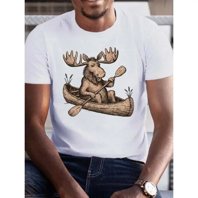 Men's Casual Moose in Canoe Graphic Tee - Breathable Polyester, Crew Neck, Short Sleeve T-Shirt | Summer Essential | Machine Washable | Non-Transparent | Geometric Design Made In USA