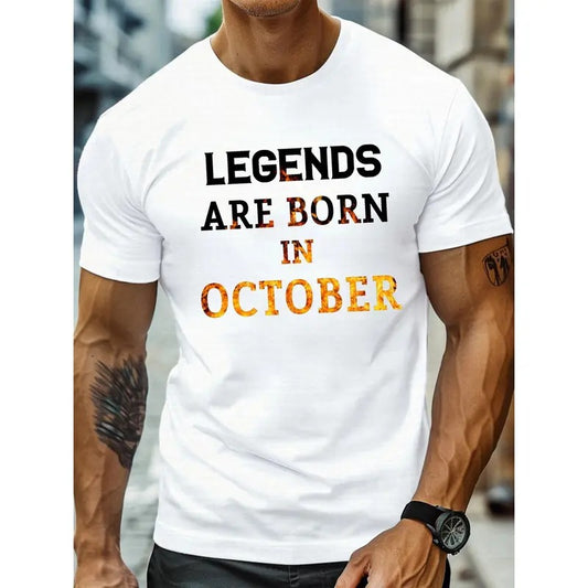 Men's Casual Round Neck Short Sleeve T-shirt, LEGEND ARE BORN IN OCTOBER Print, Comfortable Top For Summer Made in USA