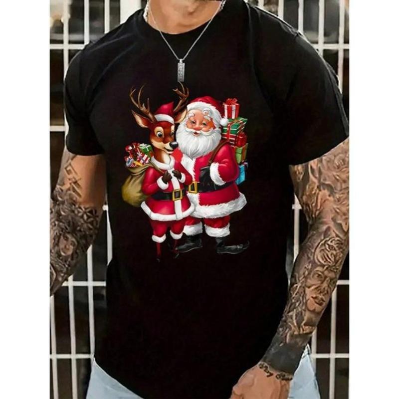 Men's Casual Santa Claus & Reindeer Graphic Print Crew Neck Short Sleeve T-Shirt, Christmas Party Outfit Made In USA