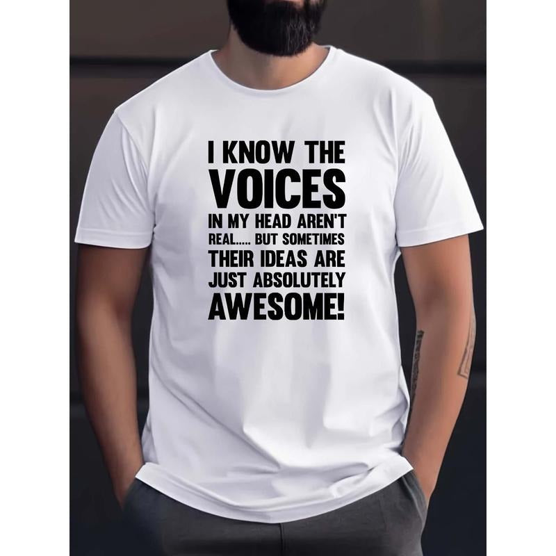 Men's Casual Short-Sleeve T-Shirt - Breathable Cotton, Round Neck with Letter Print Design, Machine Washable, Men's, T-shirt, Trendy, Casual, Short Sleeve made in USA