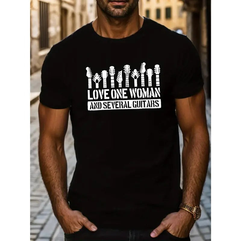 Men's Casual Short Sleeve T-Shirt With "Love One Woman And Several Guitars" Print, Music Lover Summer Top, Comfort Fit Tee, Black - Perfect For Gifting Made in USA