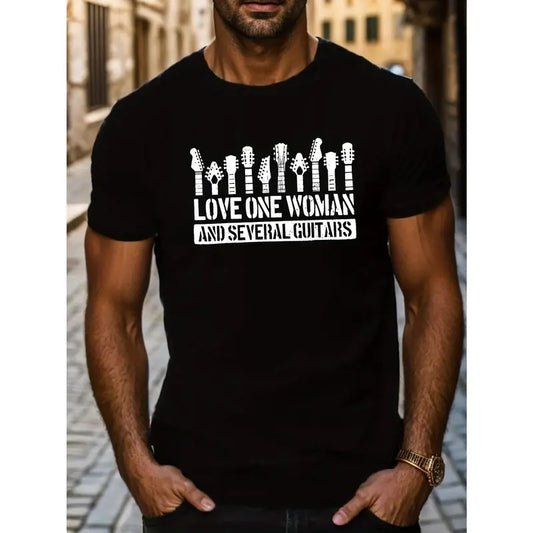 Men's Casual Short Sleeve T-Shirt With "Love One Woman And Several Guitars" Print, Music Lover Summer Top, Comfort Fit Tee, Black - Perfect For Gifting Made in USA