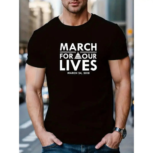 Men's Casual Short-Sleeve T-Shirt with Unique Letter Print - Round Neck, Machine Washable - Perfect for Summer Outdoor Activities MADE IN USA