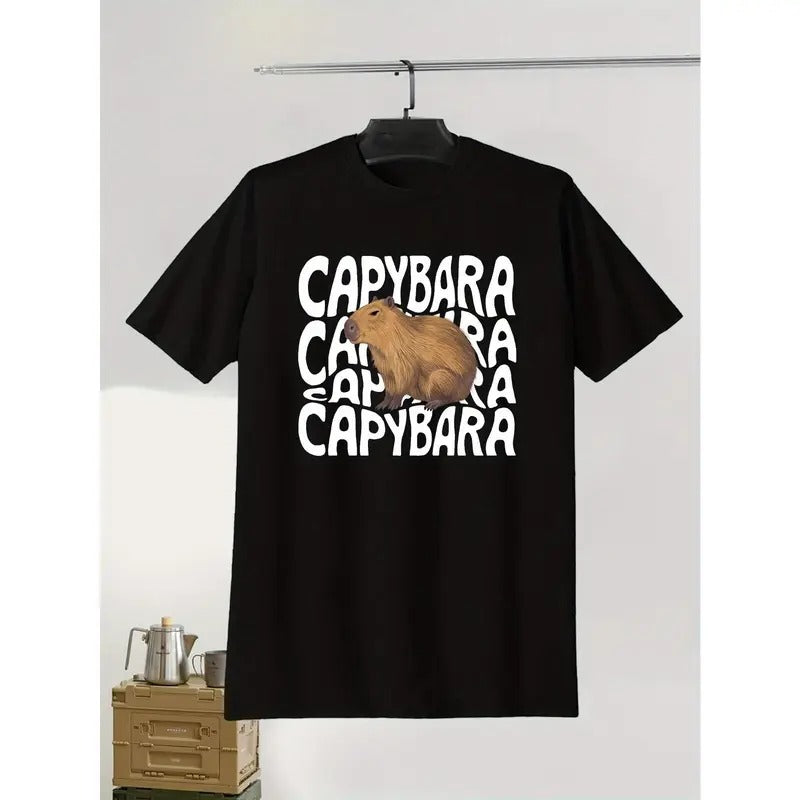 Men's Casual Short Sleeve T-Shirt, Hallowine CAPYBARA Print, Polyester, Round Neck, Stretch Fabric, Geometric Pattern, Summer Fashion, Regular Fit, Adult Unisex Top Made in USA