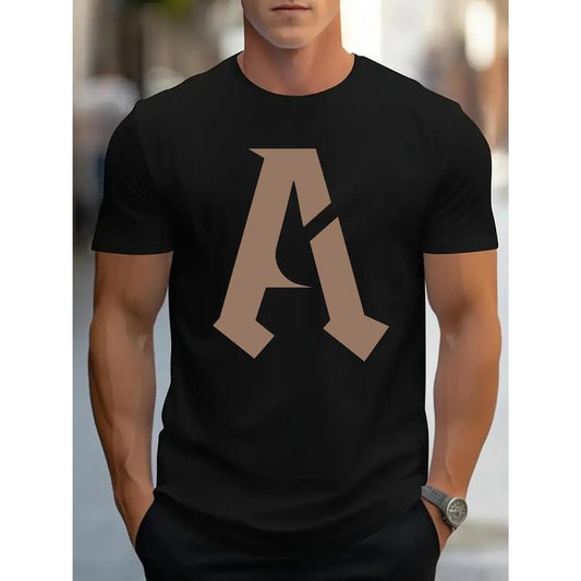 Men's Casual Street Style T-Shirt with Simple Letter A Design - Soft Cotton, Round Neck, Short Sleeve Summer Tee Made in USA