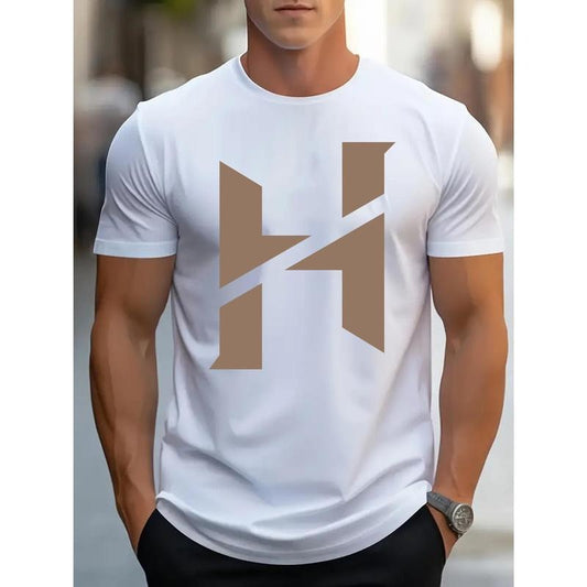 Men's Casual Street Style T-Shirt with Simple Letter H Design - Breathable Cotton, Round Neck, Short Sleeve Summer Tee Made in USA