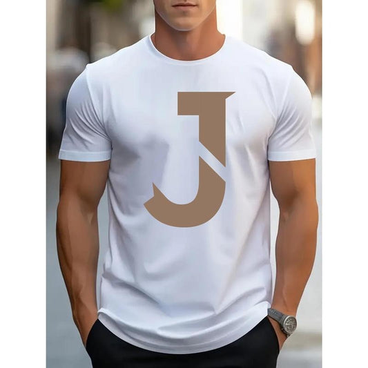 Men's Casual Street Style T-Shirt with Simple Letter J Design - Breathable Cotton, Round Neck, Short Sleeve Summer Tee Made in USA