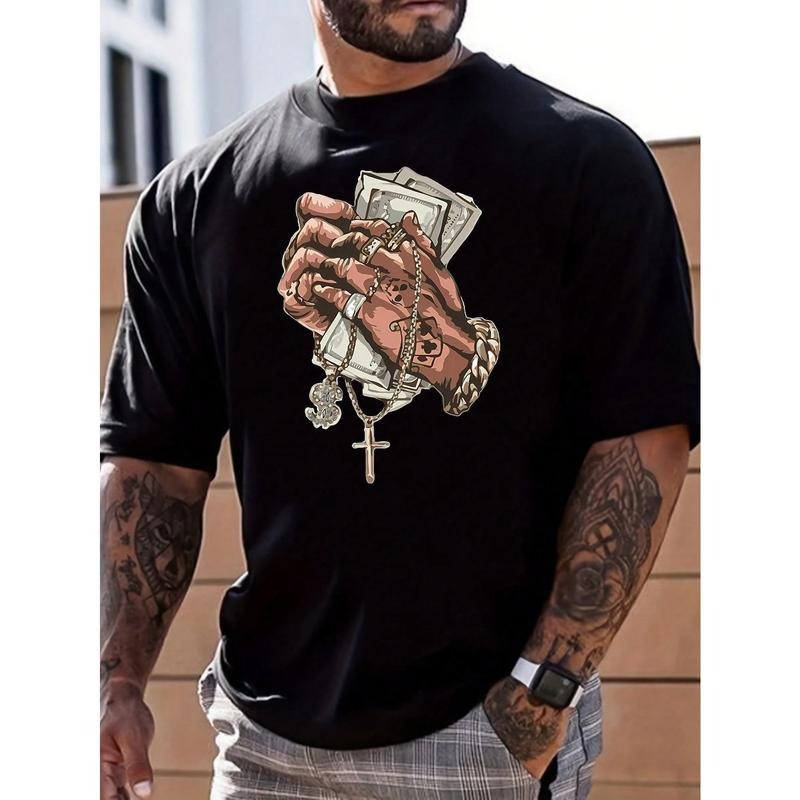Men's Casual Summer Cross & Finger Gesture Print Short Sleeve T-Shirt Made in USA Hoodie, Sweatshirt | DripVista.com