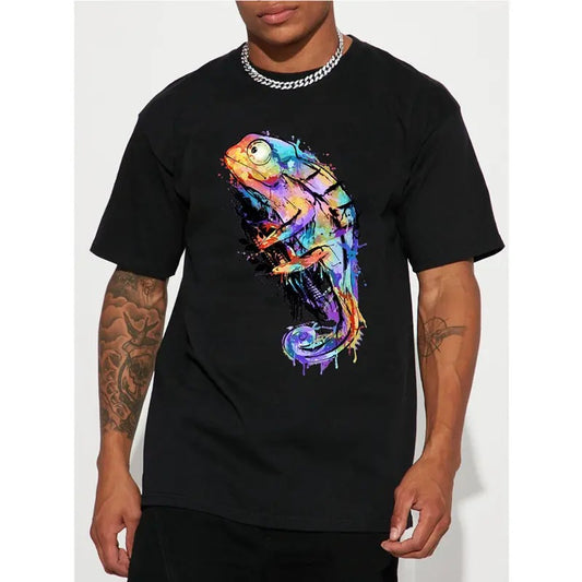 Men's Casual Trendy Colorful Chameleon Print T-shirt, Short Sleeve Crew Neck Hip Hop Tees For Summer Holiday Gift Made in USA