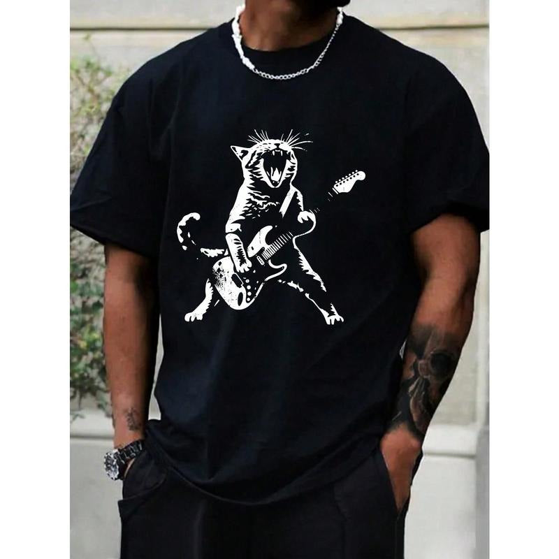 Men's Cat Playing Guitar Printed T-Shirt Made in USA Hoodie, Sweatshirt | DripVista.com