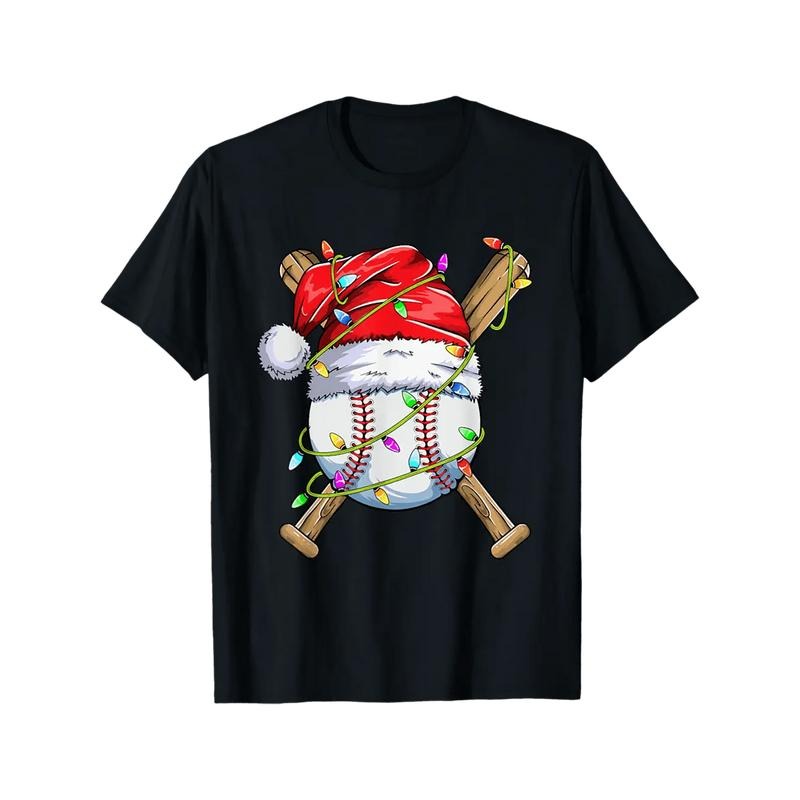 Men's Christmas Baseball Print High Quality Cotton Classic Fit Words Novelty Vintage Pattern T-Shirt Summer Funny Pattern Tee Retro Chill Breathable T-Shirt, Made In USA made in usa