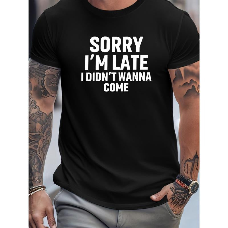 Men's Cotton Casual T-Shirt with Funny Slogan, Crew Neck, Short Sleeve, Regular Fit, Rib-Knit Summer Tee with Slight Stretch - Alphabetic Print Knit Fabric Top Made in USA