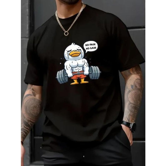 Men's Cotton Crew Neck T-Shirt with Cartoon Duck Weightlifter Graphic, Regular Fit, Knit Fabric, Short Sleeve Casual Weekend Tee with Slight Stretch for Summer - "No Pain No Gain" Print Made in USA