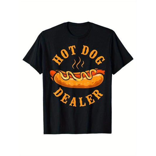 Men's Cotton T-Shirt With Hot Dog Printed, Casual Short Sleeve Round Neck Tee, Soft Comfortable Top  made in usa