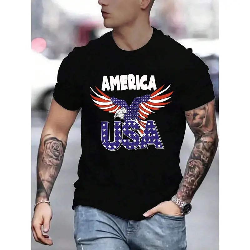 Men's Eagle And Letter Printed Short Sleeve T-Shirt made in usa Hoodie, Sweatshirt | DripVista.com