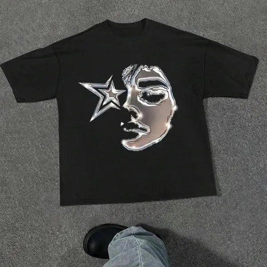 Men's Figure & Star Print Drop Shoulder Tee, Regular Fit Street Fashion Short Sleeve Round Neck T-shirt for Daily Wear, Y2K Graphic Tee