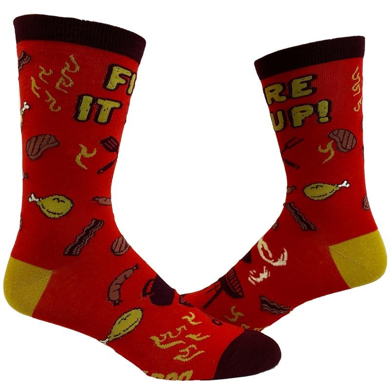 Men's Fire It Up Socks Funny Backyard Bar-B-Que Grilling Meat Graphic Novelty Footwear Funny Graphic Socks Comfortable...