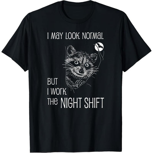Men's Funny "Night Shift Worker" Graphic T-Shirt - 100% Cotton, Short Sleeve, Black, Humorous Design with Raccoon Illustration, Machine Washable, Perfect for Casual Wear, Everyday Tshirt | Playful Graphic Tee | Soft Fabric Made in USA