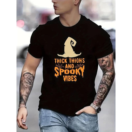 Men's Halloween Graphic T-shirt - Vivid Pumpkin Print, crew neck, slightly stretchy Polyester, casual short-sleeved T-shirt, Party, Summer trend oversized top, machine washable, for all seasons Made in USA