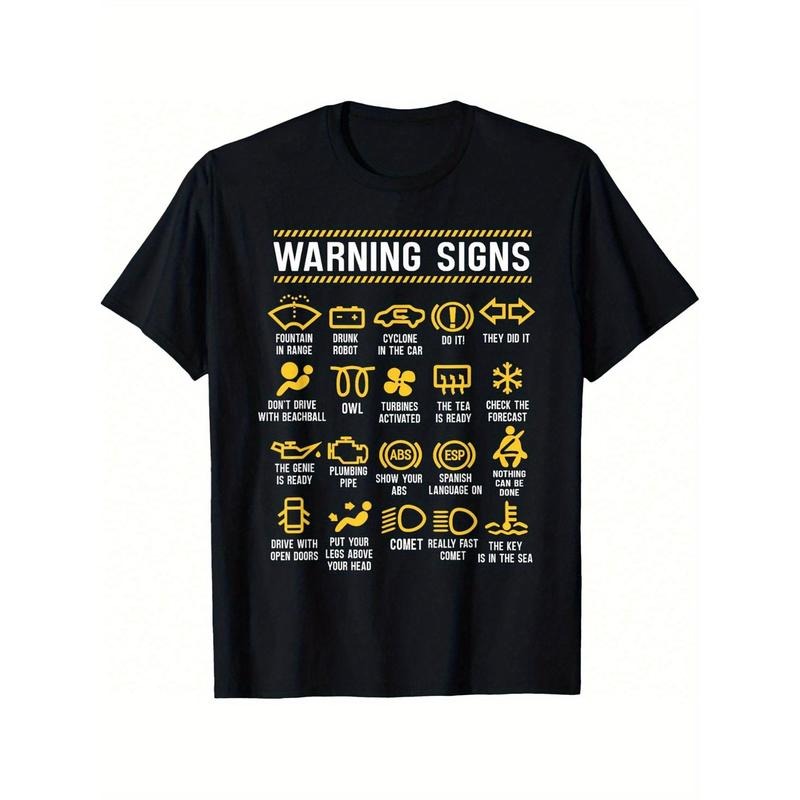 Men's Humorous Car Mechanic Warning Signs T-Shirt - Funny Safety Instructions Print, Cotton, Round Neck, All-Season, Machine Washable Made in USA