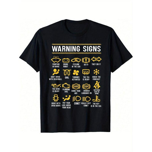 Men's Humorous Car Mechanic Warning Signs T-Shirt - Funny Safety Instructions Print, Cotton, Round Neck, All-Season, Machine Washable Made in USA