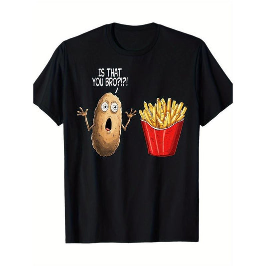 Men's Humorous French Fry Graphic T-Shirt - "IS THAT YOU BRO?" Potato Surprised Face Design, Casual Cotton Tee, Loose Fit, Machine Washable, All-Season Round Neck Black T-shirt Made in USA