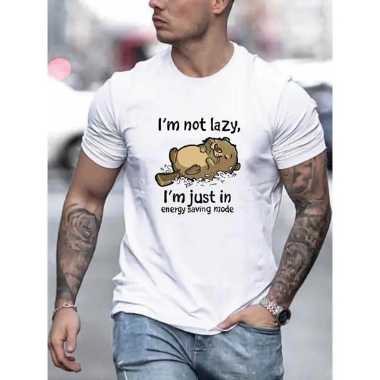 Men's Humorous Graphic Tee, "I'm Not Lazy, I'm Just In Energy Saving Mode" Slogan Print, Slightly Stretchy, Summer Outfit, Relaxed Fit Made in USA