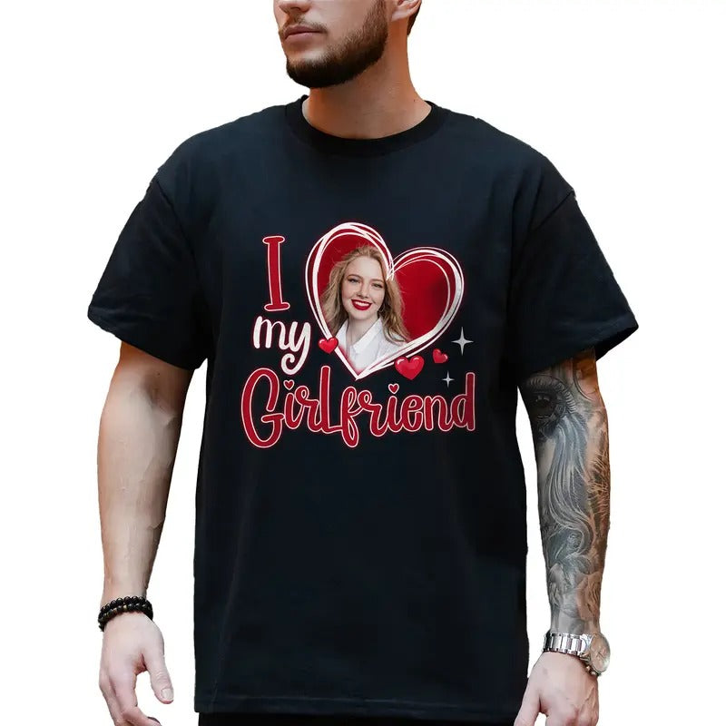 Men's I Love My Girlfriend Custom Photo Shirt, I Love My Gf T-shirt, I Heart My Girlfriend Tee, Valentine's Day Gifts for...