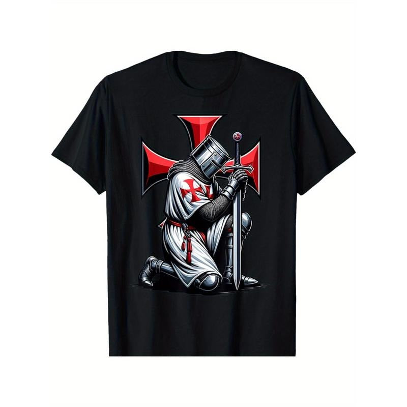 Men's Knight Templar Christian Warrior Crusader T-Shirt - Casual Cotton Crew Neck with Bold Cross and Armor Print, Ideal for Halloween, Christmas, Easter, Thanksgiving, and Casual Attire Made in USA
