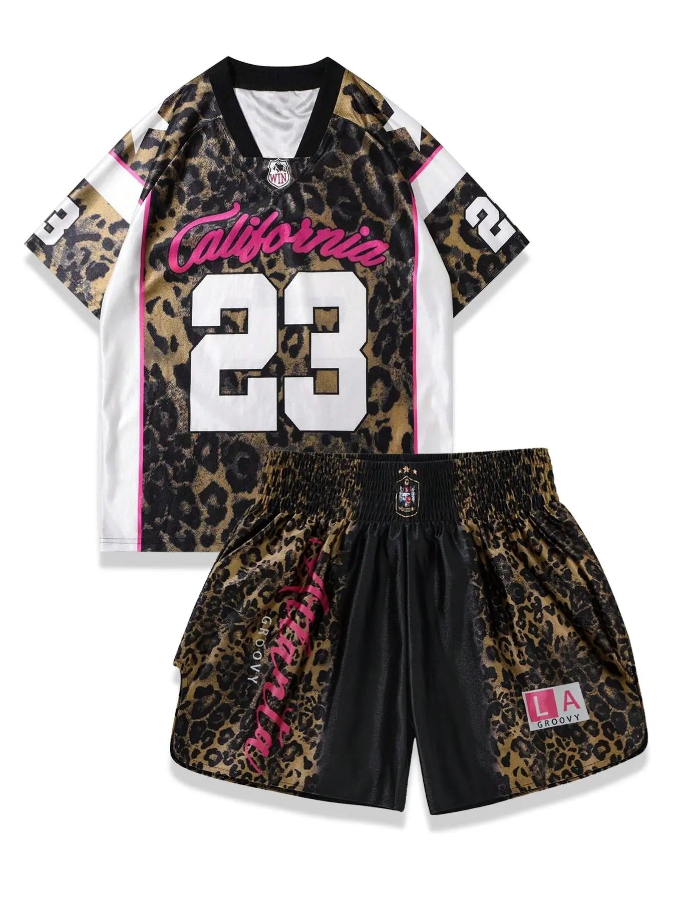 Men's Leopard Print Short Sleeve T-shirt & Shorts Set, Regular Fit Casual Fashion Tee & Shorts, Men's Summer Clothes...