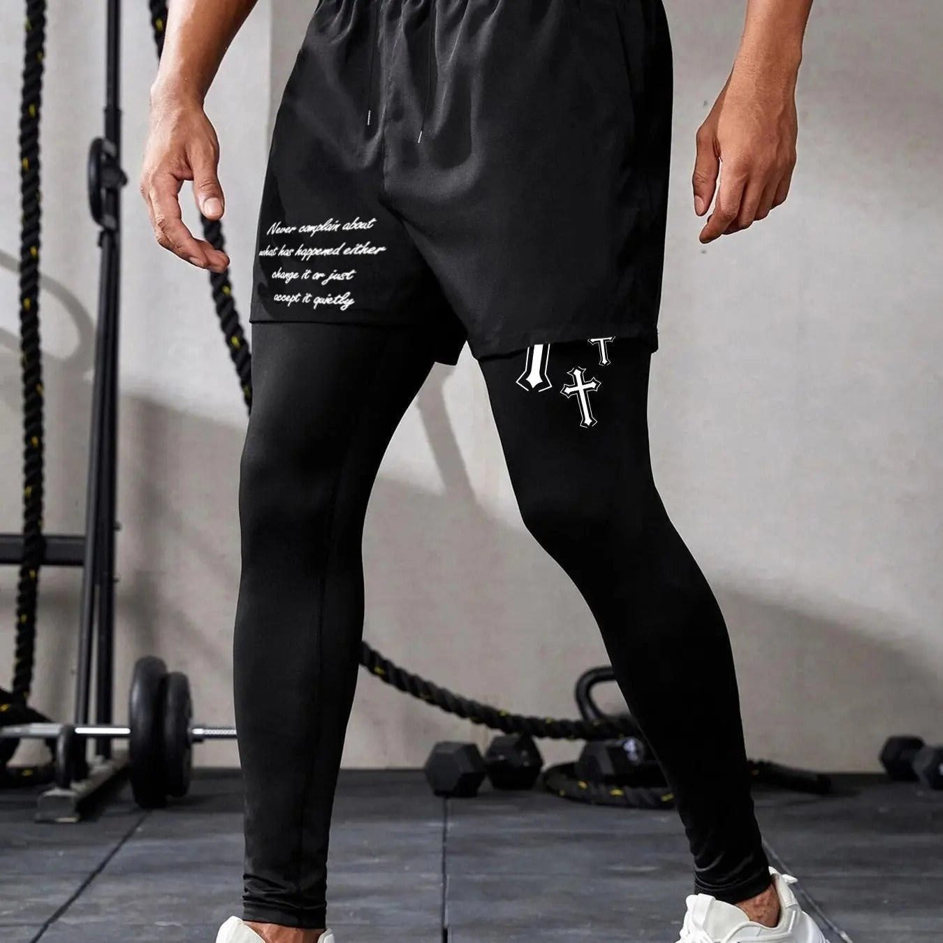 Men's Letter  & Cross Print 2 in 1 Drawstring Waist Skinny Pants, Casual Comfy Pocket Elastic Waist Trousers for Daily...