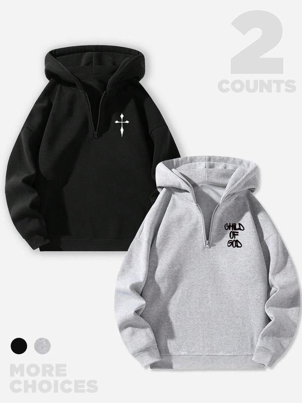 Men's Letter & Cross Print Zip Up Hoodie, Casual Regular Fit Long Sleeve Hooded Sweatshirt for Spring & Fall, Fashion...