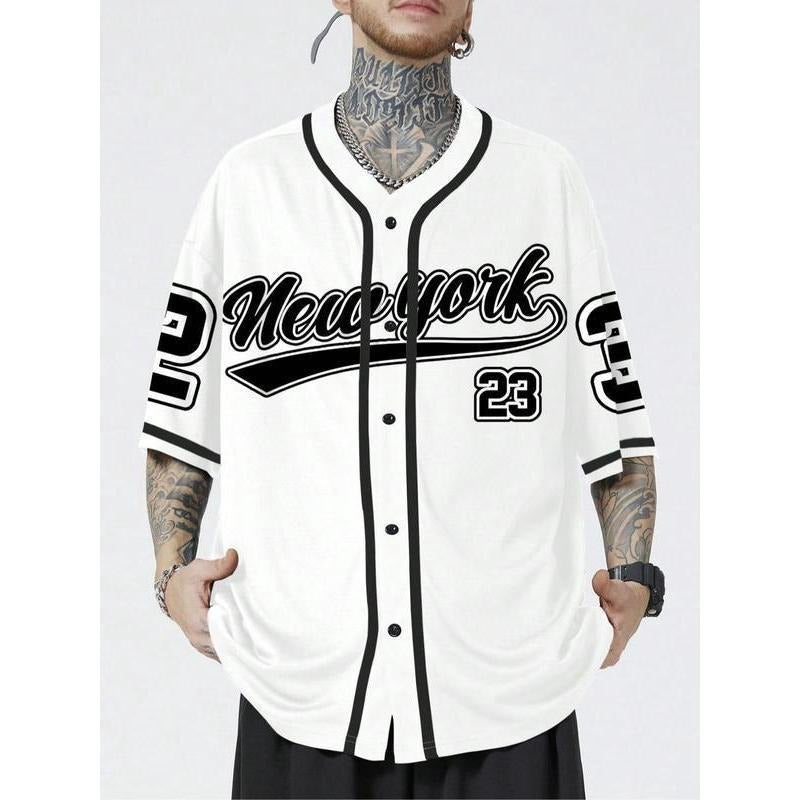Men's Letter & Number Print Button Front V Neck Baseball Jersey, Casual Drop Shoulder Short Sleeve Top for Daily Wear,...