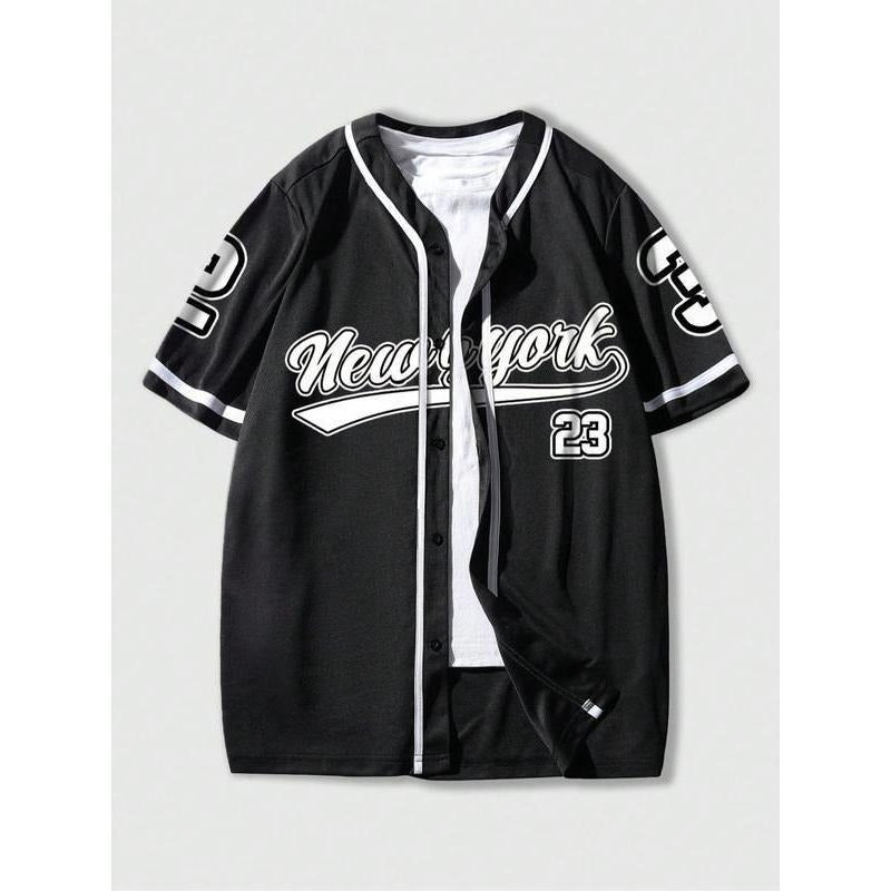 Men's Letter & Number Print Button Front V Neck Baseball Jersey, Casual Drop Shoulder Short Sleeve Top for Daily Wear,...