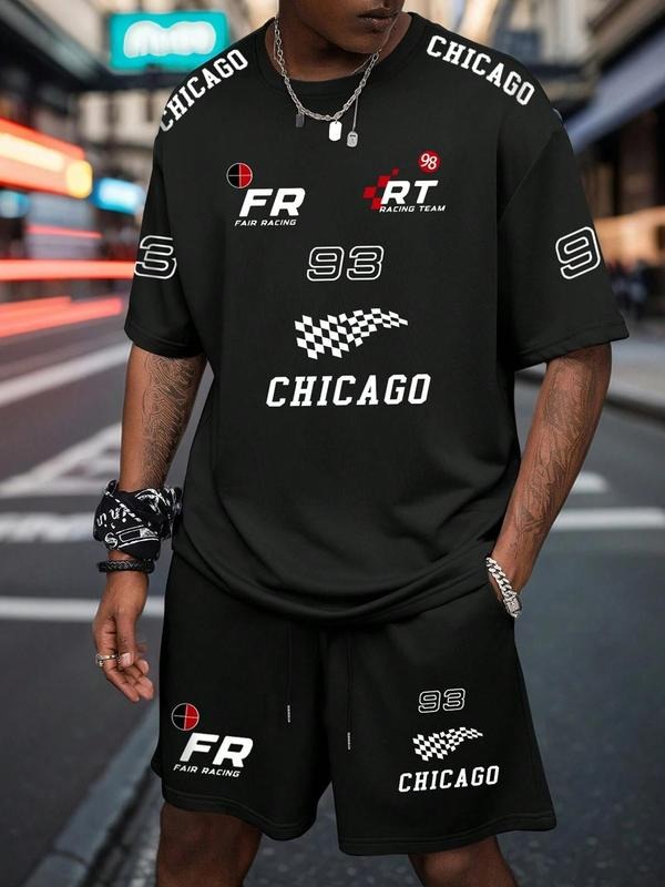Men's Letter & Race Track Print Short Sleeve Graphic Tee & Shorts Two-piece Set, Regular Fit Round Neck T-shirt & Track...