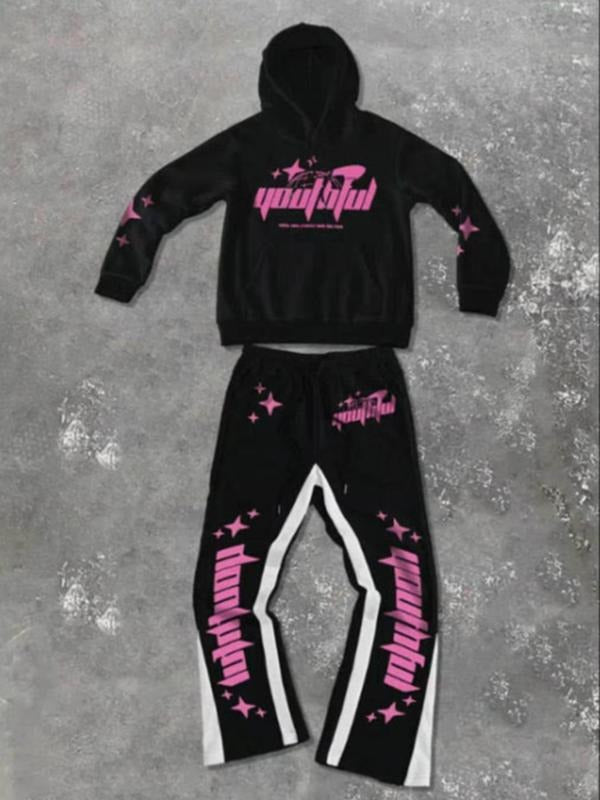 Men's Letter Print Hoodie & Sweatpants Set, Regular Fit Casual Fashion Cozy Breathable Two-piece Outfits for Daily...