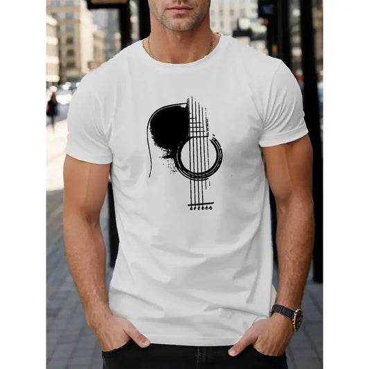 Men's Music Guitar Print Short Sleeve T-Shirts, Comfy Casual Elastic Crew Neck Tops For Men's Outdoor Activities Made in USA