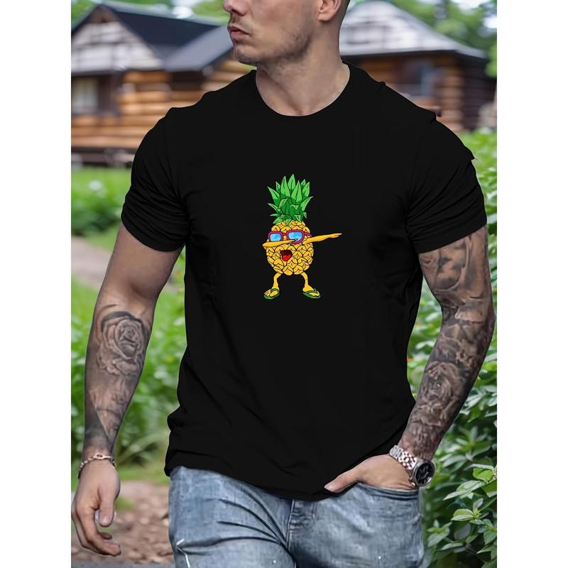 Men's Pineapple Print Casual T-Shirt - Breathable Polyester, Crew Neck, Short Sleeve