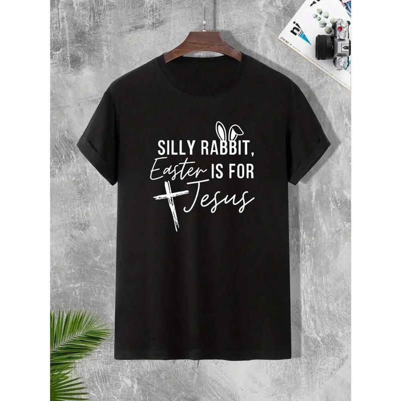 Men's Rabbit Ear & Slogan Print Round Neck Short Sleeve T-Shirt Made in USA