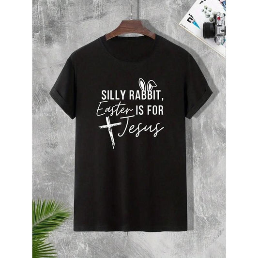 Men's Rabbit Ear & Slogan Print Round Neck Short Sleeve T-Shirt Made in USA